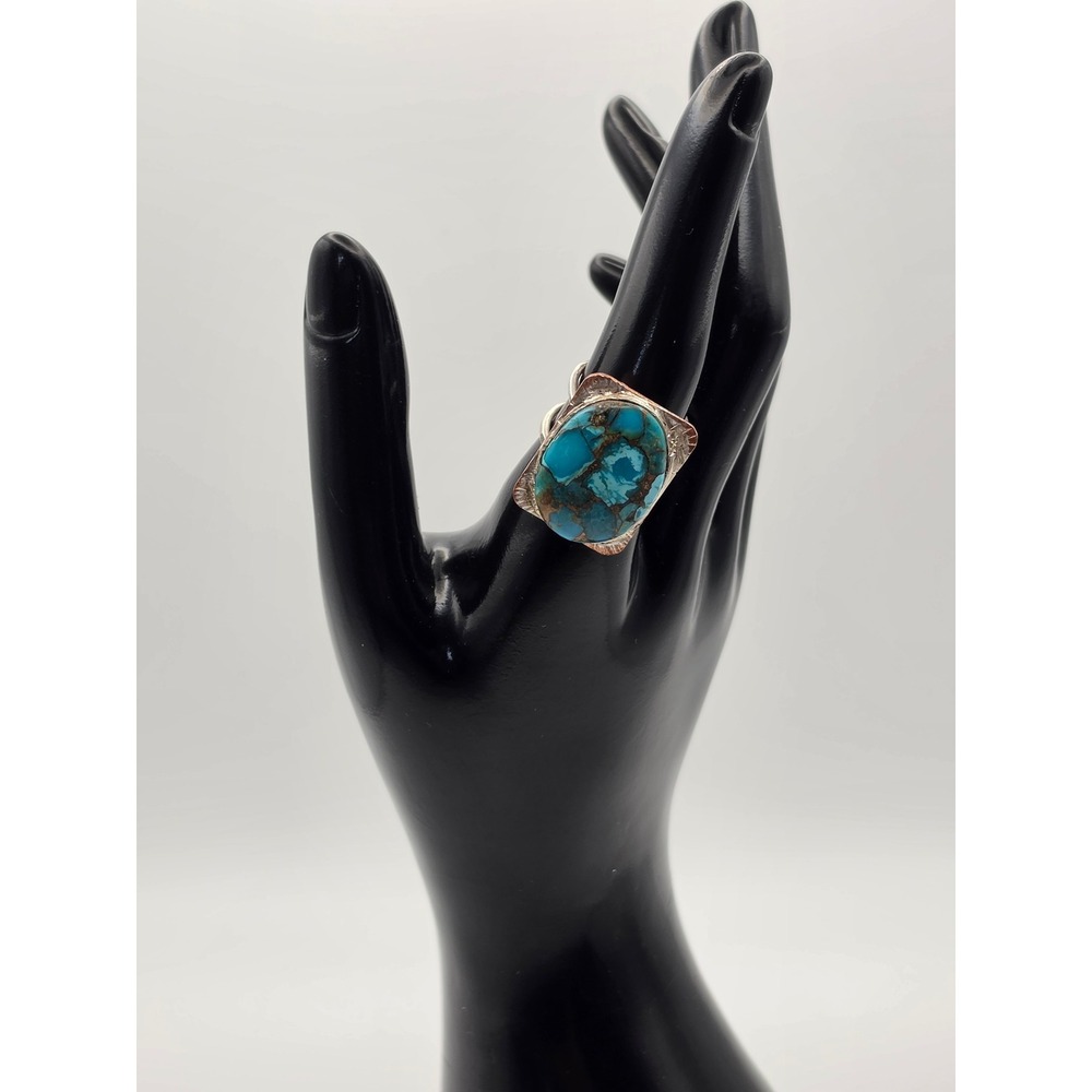 Tourmaline Crow Turquoise Copper Mixed Metal Artisan Statement Ring Size 7.5